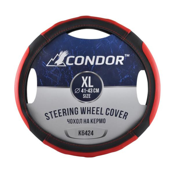 Купити Чохол на кермо Condor XL 41-43см, імітація шкіри, чорний з червоним, перфорований