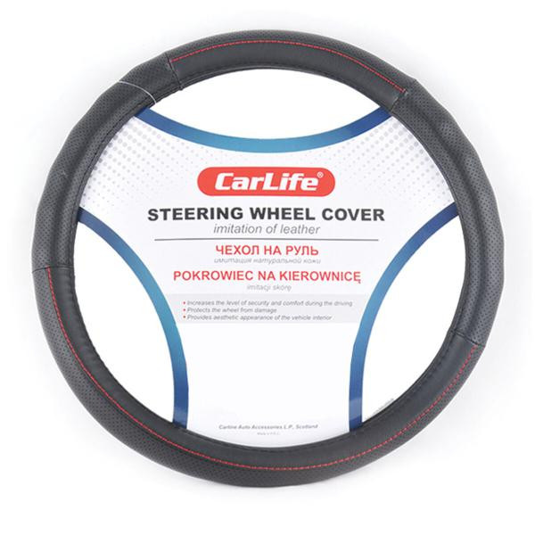 Купить Чехол на руль Carlife 39-41 см из искусственной кожи, черный с красной нитью