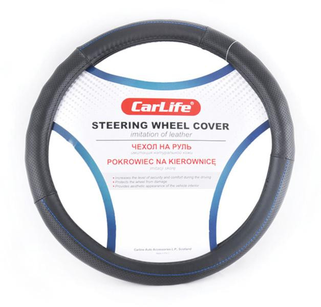 Купити Чохол на кермо Carlife 35-37 см зі штучної шкіри, чорний із синьою ниткою