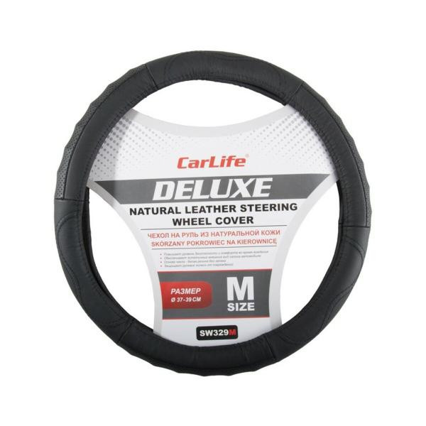 Купить Чехол на руль Carlife 37-39 см кожаный Delux, черный SW329M