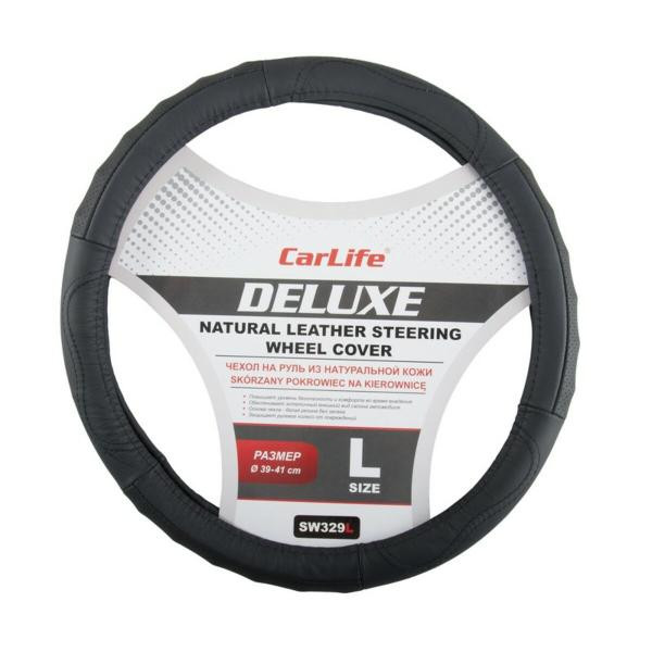 Купить Чехол на руль Carlife 39-41 см кожаный Delux, черный SW329L