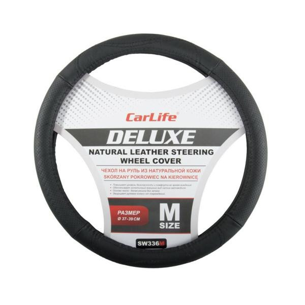 Купить Чехол на руль Carlife 37-39 см кожаный Delux, черный SW336M