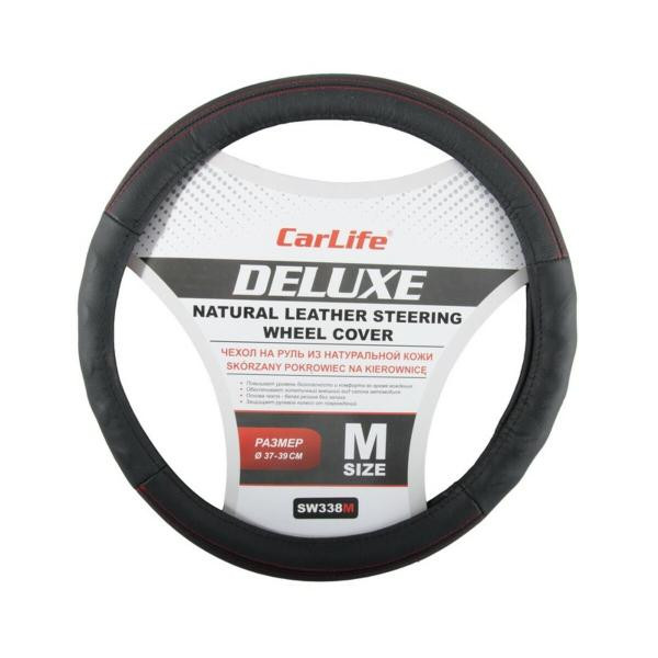 Купить Чехол на руль Carlife 37-39 см кожаный Delux, черный SW338M