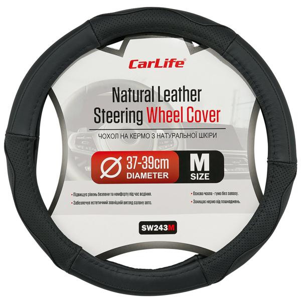 Купити Чохол на кермо Carlife 37-39см, шкіра, чорний SW243M