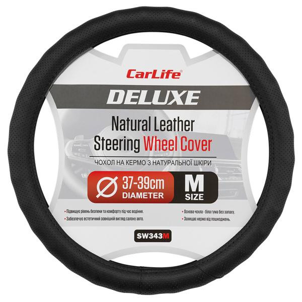 Купить Чехол на руль Carlife 37-39см, кожа, черный, белая резина, один шов, перфорированный