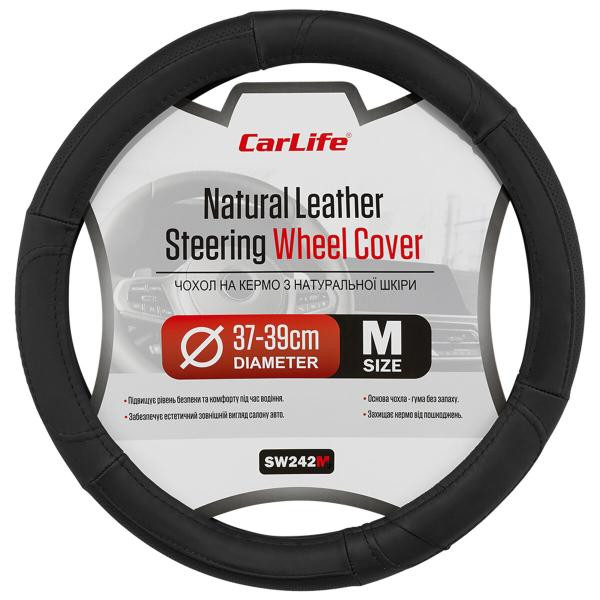 Купити Чохол на кермо Carlife 37-39см, шкіра, чорний SW242M