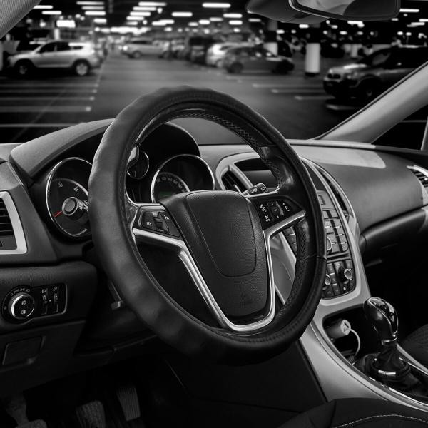 Купити Чохол на кермо Carlife 37 - 39см, шкіра, чорний, біла гума, один шов SW342M