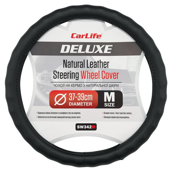 Купити Чохол на кермо Carlife 37 - 39см, шкіра, чорний, біла гума, один шов SW342M