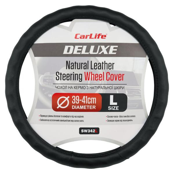 Купить Чехол на руль Carlife 39-41см, кожа, черный, белая резина, один шов SW342L