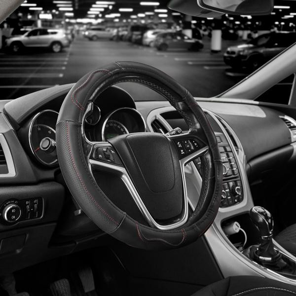 Купити Чохол на кермо Carlife 37-39см, шкіра, чорний з червоною ниткою