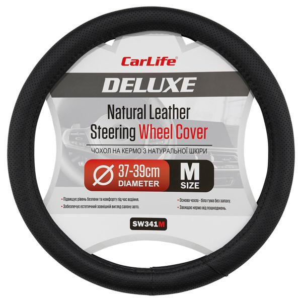 Купити Чохол на кермо Carlife 37-39см, шкіра, чорний, біла гума, один шов, перфорований SW341M