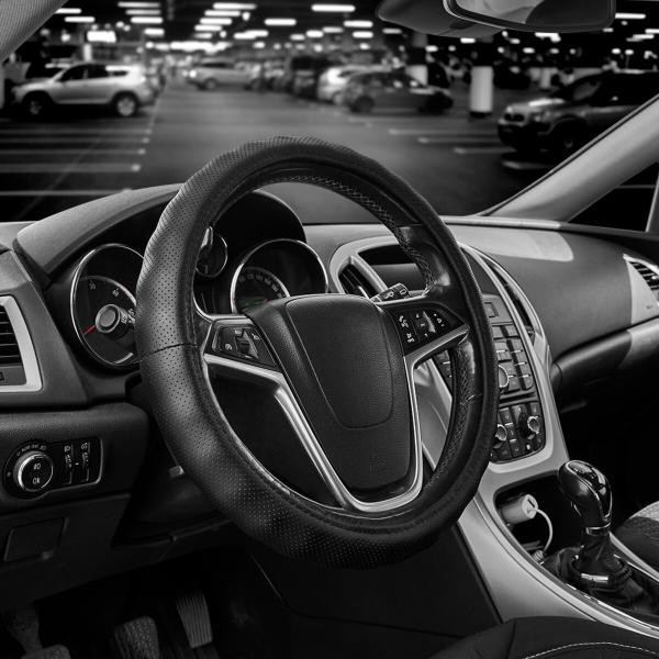 Купити Чохол на кермо Carlife 39-41см, шкіра, чорний, біла гума, один шов, перфорований SW343L