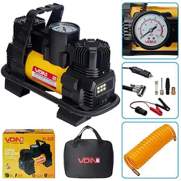 Купить Компресор автомобільний "VOIN" VL-620 150psi/15A/85л/прикур./лiхтар/перехідник на клеми/2 циліндра