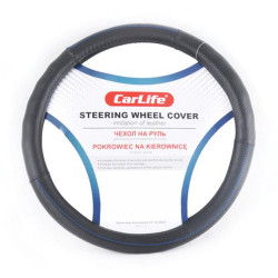 Купити Чохол на кермо Carlife 35-37 см зі штучної шкіри, чорний із синьою ниткою