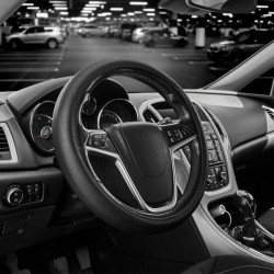 Купить Чехол на руль Carlife 39-41см, кожа, черный, белая резина, один шов, перфорированный SW341L