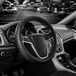 Купить Чехол на руль Carlife 37-39см, кожа, черный, белая резина, один шов