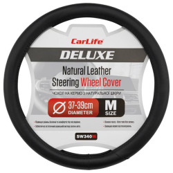 Купить Чехол на руль Carlife 37-39см, кожа, черный, белая резина, один шов
