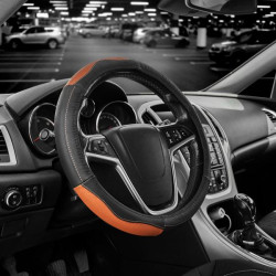 Купить Чехол на руль Carlife 39-41см, кожа, черный с коричневыми вставками