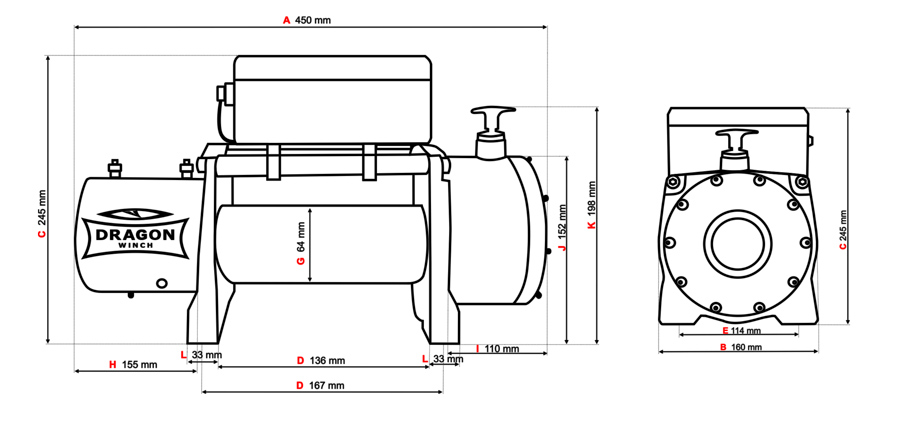 Схема і габаритні характеристики лебідки Dragon Winch 8000 HD купити в Україні за хорошою ціною