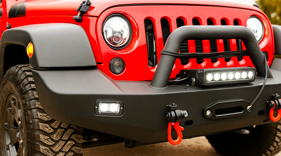 Black heavy-duty bumper with integrated winch mounted on SUV for real protection.