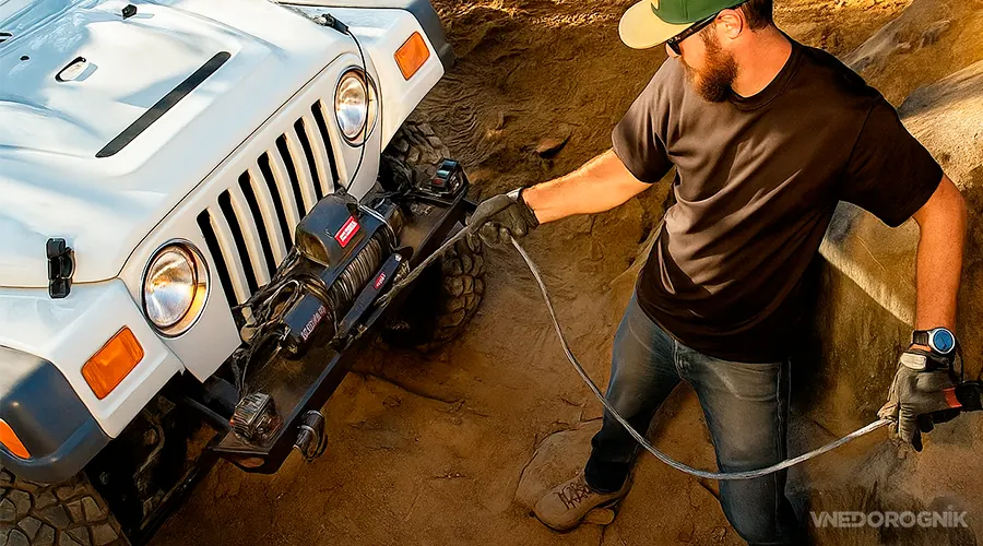 Powerful electric winch mounted on a heavy-duty bumper pulling an SUV out of the mud.