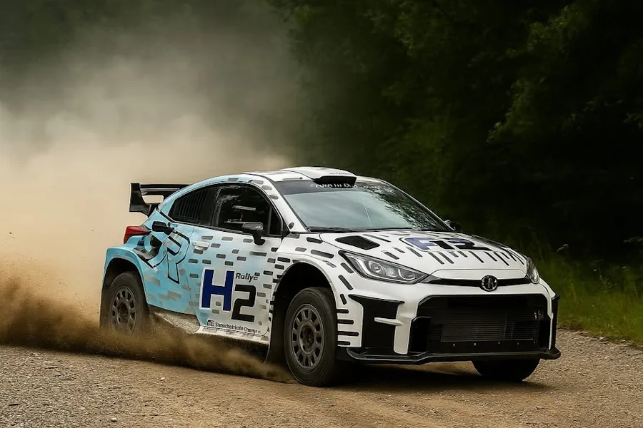 Four-time world champion Juha Kankkunen driving the hydrogen-powered Toyota GR Yaris Rally2 on a gravel stage in Finland during the demo run.