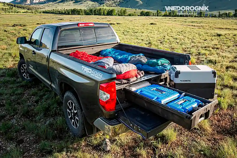 SUV with a drawer system in the trunk against a mountain landscape.