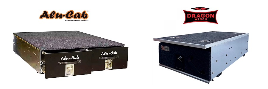 Two drawer systems side by side for comparison: left &mdash; lightweight aluminum Alu-Cab, right &mdash; durable steel Dragon Winch.