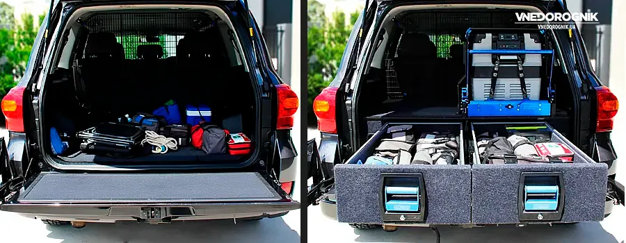 Comparison of a messy trunk with loose gear and a perfectly organized drawer system fully loaded with equipment.