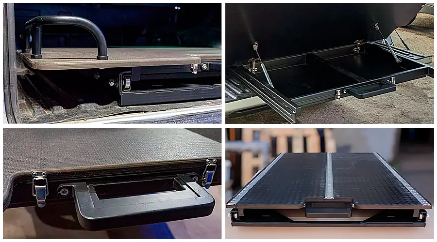 Collage of four photos showing drawer system quality: heavy-duty bearing slides, strong latch handle, solid steel base, and mounting details.