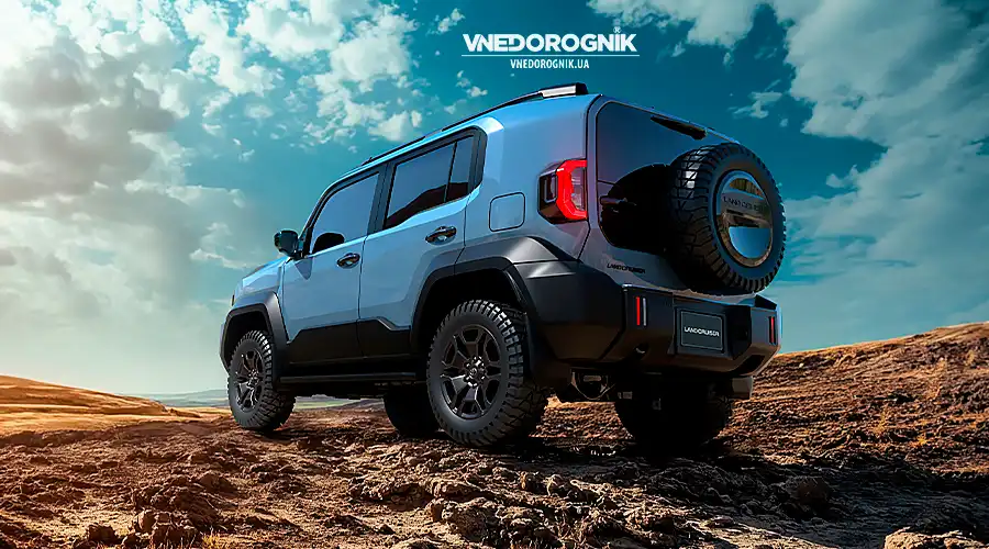 Прототип у гірській місцевості: короткі звиси, великий кліренс і рамна база демонструють реальні можливості на бездоріжжі.