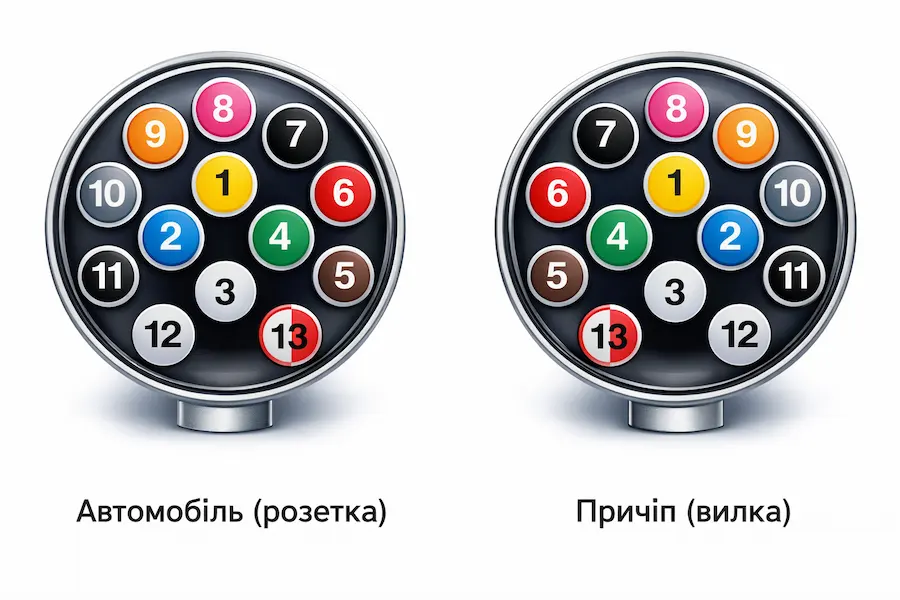 Схема підключення 13-контактної розетки фаркопа